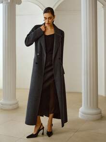 ZEYLAH Abrigo largo extra de mujer con cuello en pico y doble botonadura, informal, para otoño/invierno - Gris Oscuro - Ver 4