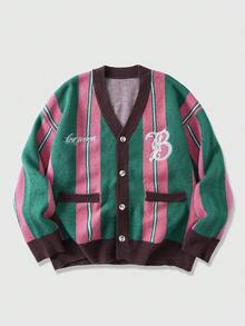 ROMWE MEN Prep Áo khoác cardigan dệt kim dài tay họa tiết sọc thêu chữ thu/đông cho nam - màu nâu - Xem 1