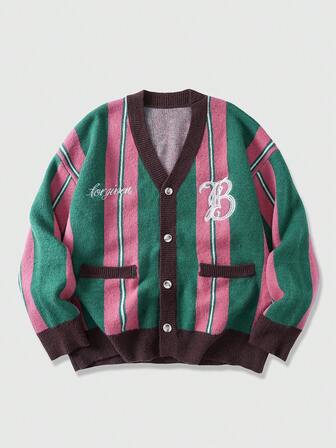 Street Life Men's Autumn/Winter Letter Embroidery Striped Long Sleeve Casual Knit Cardigan