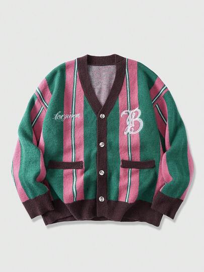 Street Life Cárdigan de punto casual de manga larga con rayas y bordado de letras para hombre, para otoño/invierno