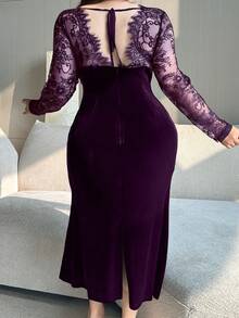 Dazy Plus 大码女士丝绒撞色蕾丝紧身派对连衣裙，性感弹力，适合约会、优雅场合和舞会。 - 紫色 - 查看 2
