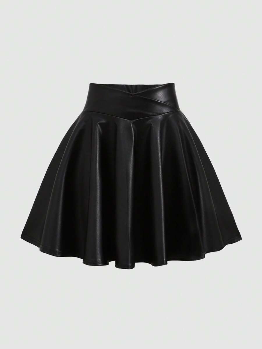 Tween Girl Casual Minimalist Comfortable Crossover Waist PU Skirt