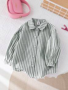SHEIN LMoss Kids LMoss 女婴时尚可爱条纹长袖衬衫，适合外出和度假的百搭款式 - 綠色 - 查看 7