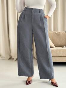 Vionelle Plus Size Women Elegant Plain Grey Floral Print Wide Leg Pants High Waist Office Everyday Autumn Pants,Oversized Tall Loose Pants - Dark Grey - View 4
