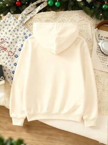 Young Girl Christmas Slogan Print Hooded Fleece Sweatshirt With Ribbed Cuffs - Apricot - View 2