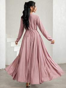 Veilorie Women's Elegant Solid Color Flared Arabic Style Dress - Dusty Pink - View 6