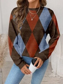 SHEIN LUNE Casual Plaid Print Pattern Loose Fit Crew Neck Long Sleeve Sweatshirt For Women, Suitable For Autumn/Winter New Year Party - Multicolor - View 6