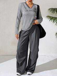 Modelyn Women's Casual Sporty Contrast Trim Long Sleeve Top Grey Top - Light Grey - View 2