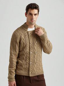 Manfinity Homme Cárdigan de punto de cable de doble botonadura de unicolor casual y para uso diario, otoño/invierno para hombres - Amarillo - Ver 4