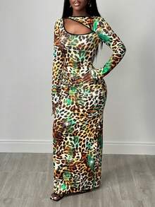 SHEIN BamGlam Vestido largo y sexy de mujer con efecto tie-dye, estampado de leopardo y lentejuelas, con diseño calado - Multicolor - Ver 6