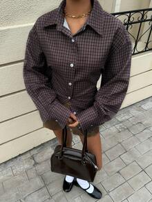 Siren Gaze 复古棕色格子收腰长袖衬衫，女士秋冬款 - 棕色 - 查看 2