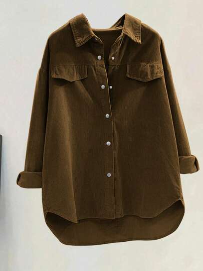 EMERY ROSE 大码女式落肩长袖条纹单排扣灯芯绒休闲衬衫