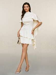 Poéselle Abito mini elegante in raso bianco crema da donna, stile poncho con orlo a balze stratificate, outfit da invitata a matrimonio estivo, festa di Natale, pendolarismo, autunno - Albicocca - Visualizzare 4