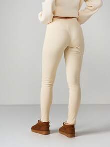 MISSGUIDED Cream Ribbed High Rise Skinny Leggings Fitted Stretch Pants For Casual Loungewear Winter Comfort Neutral Basics - Apricot - View 2