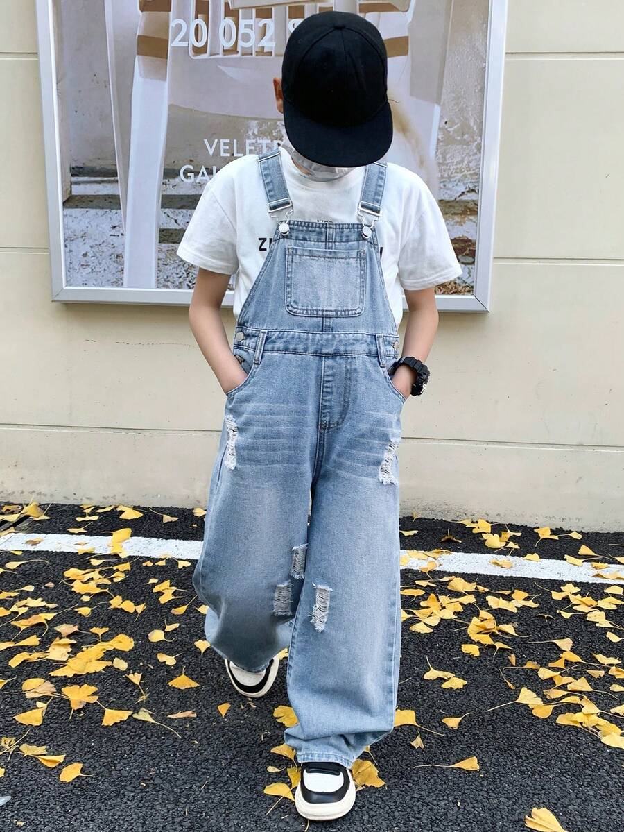 SHEIN 青少年男孩时尚休闲蓝色牛仔背带裤，适合儿童夏季穿着