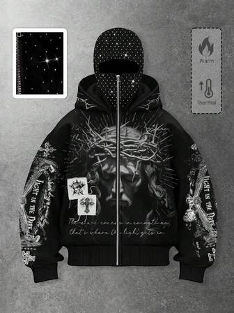 Street Life Stylish Dark Hooded Zip-Up Jesus Sweatshirt Jacket With Rhinestone Embellishment For Men