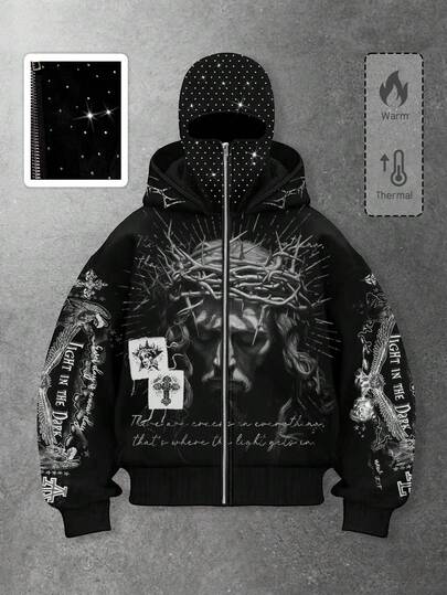 Street Life Stylish Dark Hooded Zip-Up Jesus Sweatshirt Jacket With Rhinestone Embellishment For Men