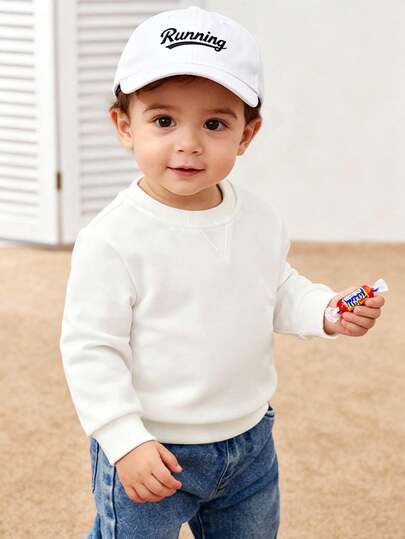 SHEIN 1pc Baby Boy Baby Girl Unisex Infant Toddler 6M-3 Years Casual White Long-Sleeved Crew Neck Pullover Sweatshirt, Suitable For All Seasons, Simple And Versatile