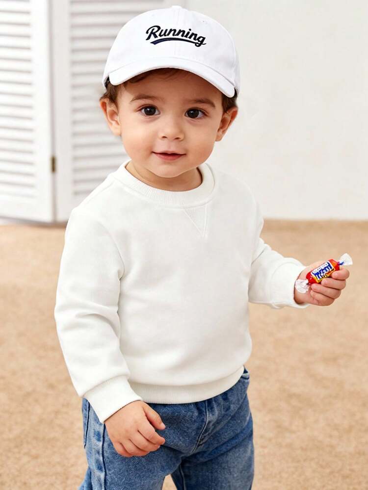 1pc Baby Boy Baby Girl Unisex Infant Toddler 6M-3 Years Casual White Long-Sleeved Crew Neck Pullover Sweatshirt, Suitable For All Seasons, Simple And Versatile