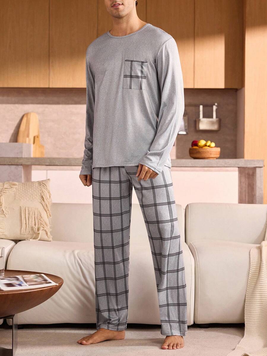 Manfinity Underwear&Sleepwear Basics 大码男士格子印花长袖上衣和裤子睡衣套装，秋季服装 - 灰色 - 查看 1