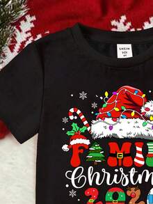 SHEIN Tricou de Crăciun cu mânecă scurtă, grafică cu desene animate și om de zăpadă, casual, cu guler rotund, confortabil și călduros, potrivit pentru toamnă/iarnă, stil stradal, casă, petrecere - Negru - Vizualizare 4