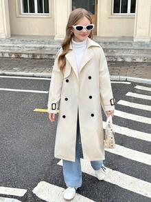 SHEIN Tween Girl Double Breasted Turndown Collar Loose Fit Long Trench Coat, Casual Military Style, For Commuting & Outdoor, Back To School, Autumn Winter Outfits Girl Coat Fall Coat For Tween Girls Tween Trench Coat Girls Coat