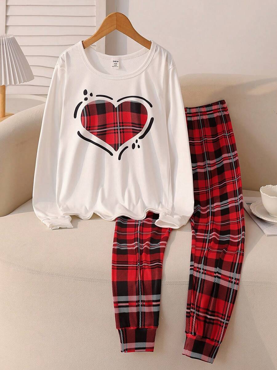 2pcs Girls' Black & Red Plaid Casual Snug Fit Long Sleeve Top And Pants Set - Red and White - View 1