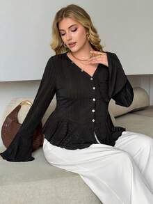 Modelyn Women's V-Neck Flare Sleeve Fashion Elegant Ruffle Trim Fitted Plus Size T-Shirt - Black - View 7