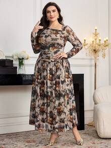 Modelyn Plus Size Women's Oblique Collar Long Sleeve Ruffle Bowknot A-Line Waist Tie Belted Slim Fit Casual Elegant Maxi Dress, Suitable For Office, Airport, Commute, Family Gathering, Party, Business Attire - Multicolor - View 3