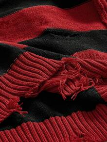 ROMWE Avant Plus Size Gothic Style Colorful Striped Distressed Detail Oblique Shoulder Pullover Sweater, Suitable For Halloween - Red - View 5
