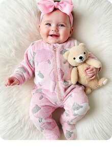 SHEIN 新生女宝宝可爱毛绒卡通图案休闲家居服 - 粉色 - 查看 1