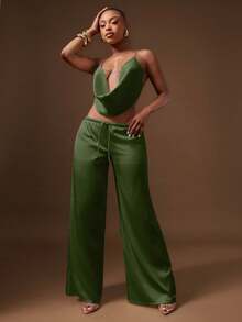 Denimoi Satin Backless Gold Chain Strap Cowl Neck Halter Top GNO Date Night Outfits Dinner Outfits - Olive Green - View 3