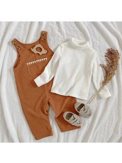 Loomiva 2pcs Baby Boy Solid Color Knit Soft Crew Neck Long Sleeve Pullover Top And Bib Overalls Pants Set Fall Baby Outfit Brown Baby Clothes Brown Toddler Outfit Mocha Baby Clothes Neutral Baby Clothes Unisex