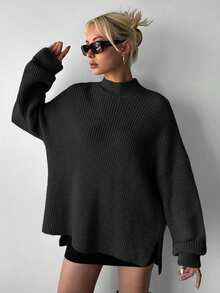 EURMUSE Plus Size Women's Solid Color Minimalist Everyday Wear Turtleneck Long Sleeve Sweater - الأسود - مشاهدة 4