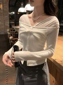 DAZY Women's Lace Patchwork Elegant Long Sleeve T-Shirt - White - View 5