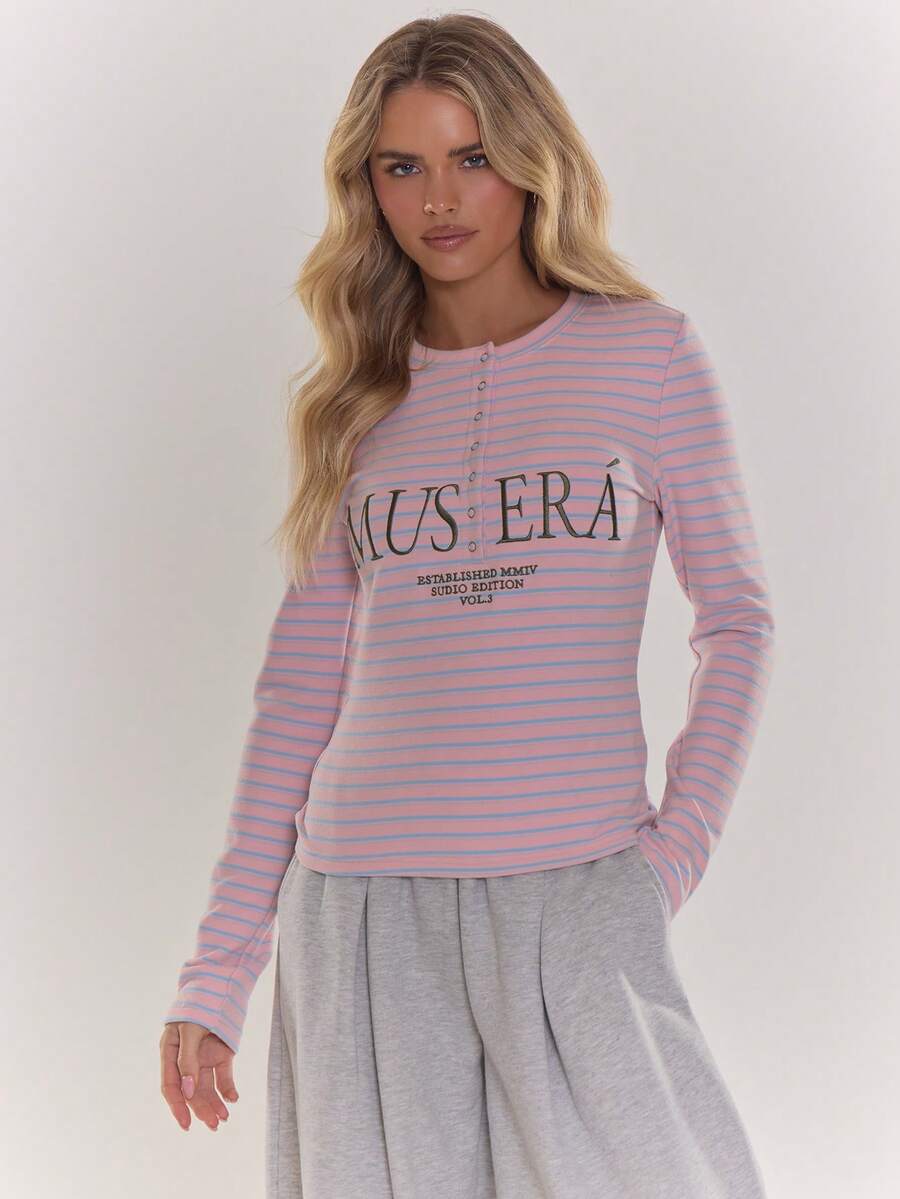 MUSERA Striped Fitted Embroidered "" Long Sleeve Top Fall Autumn Cosy Cute Casual Coffee Club  Elegant Spring  Summer Holiday - Pink - View 1