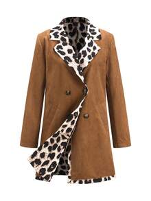 SHEIN Clasi Áo khoác da lộn dài tay họa tiết da báo thanh lịch dành cho nữ, màu nâu, mùa thu/đông - màu nâu - Xem 10