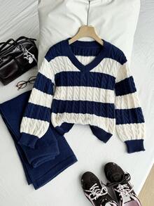 Sparklyn 青少年女孩 V 领时尚蓝白拼色宽条纹针织毛衣和宽松羊毛编织长裤，适合日常外出、度假聚会、秋冬季节 - 藏蓝色 - 查看 7