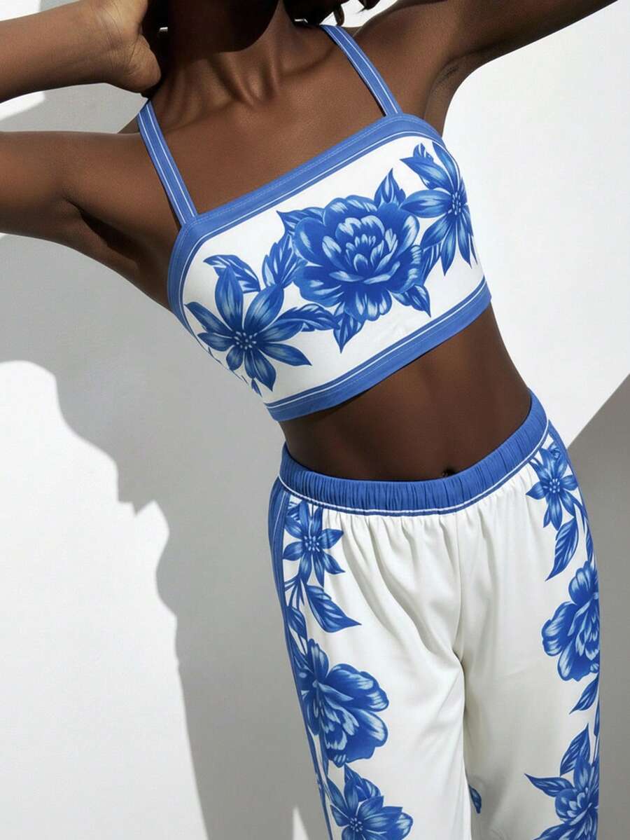 CAJUNI Damen Blumen-Muster kurzes Camisole und weite Hose Freizeitanzug, Urlaub - Verschiedenfarbig - Übersicht 1