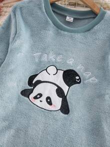 Genkimix Kids 2pcs/Set Big Girl Plush Thickened Round Neck Long Sleeve & Long Pants Pajama Set, Cute Panda Pattern, Grey, Fashionable Loungewear, Autumn/Winter - Baby Blue - View 6