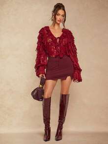 Silquee Romantic Solid Red, Burgundy, Bordeaux Red, Lace V-Neck Long Puff Sleeve Tie Front Sexy Elegant Blouse Shirt For Women, Suitable For Valentine's Day, Christmas, Date, Party, Wedding, Cocktail Events - Burgundy - View 3