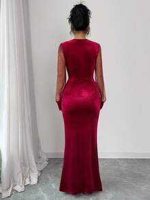 SHEIN Elenzya Vestido largo de manga larga de terciopelo, con parches de malla con lentejuelas, ajustado a la cintura y con línea A, elegante para uso diario, de moda francesa vintage y versátil para Navidad, Año Nuevo, negocios, color burdeos, otoño/invierno - Burdeos - Ver 2