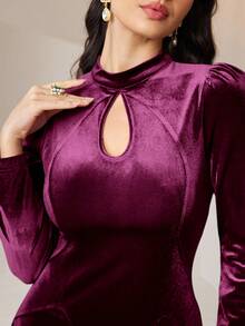 Modelyn Burgundy Red Women's Solid Color Keyhole Neck Puff Sleeve Elegant Dress Long Evening Dresses - Hot Pink - View 8