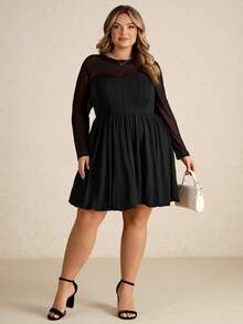 SHEIN CURVE+ 大码女式休闲纯色收腰长袖连衣裙 - 黑色 - 查看 6