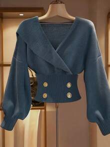 Franclia 女士秋冬时尚优雅薄雾蓝交叉翻领正式时尚落肩长袖灯笼袖纯色金属扣装饰腰部短款针织套头毛衣，圣诞节新年派对毕业典礼 - 藏蓝色 - 查看 1