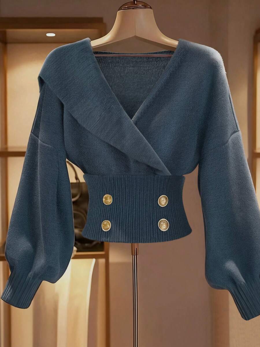 Franclia 女士秋冬时尚优雅薄雾蓝交叉翻领正式时尚落肩长袖灯笼袖纯色金属扣装饰腰部短款针织套头毛衣，圣诞节新年派对毕业典礼 - 藏蓝色 - 查看 1