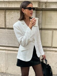Aloruh 女士优雅性感深 V 腰收腰粗花呢面料纯色西装外套 - 白色 - 查看 1