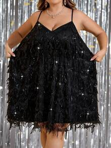 SHEIN CURVE+ Váy ngắn thanh lịch đính sequin thời trang thu đông cỡ lớn dành cho nữ, thích hợp cho những dịp trang trọng như hẹn hò và tiệc sinh nhật - màu đen - Xem 3