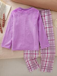 SHEIN 2 Piece Sets Girls Casual Outfit - Light Blue Plush Solid Color Pants And Long Sleeve Top With Embroidered Koala Pattern, Comfortable Loungewear Set For Autumn/Winter  Winter Pajamas For Girls Purple Pajamas Set - Multicolor - View 2