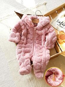 SHEIN Vintaside Kids Newborn Simple Stylish Cute Polka Dot Long Sleeve Hooded Fleece Jumpsuit Loungewear - Pink - View 3